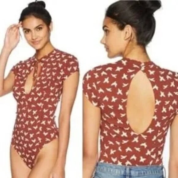 Free People Billie Bird Print Bodysuit in Terracotta - Picture 1 of 8